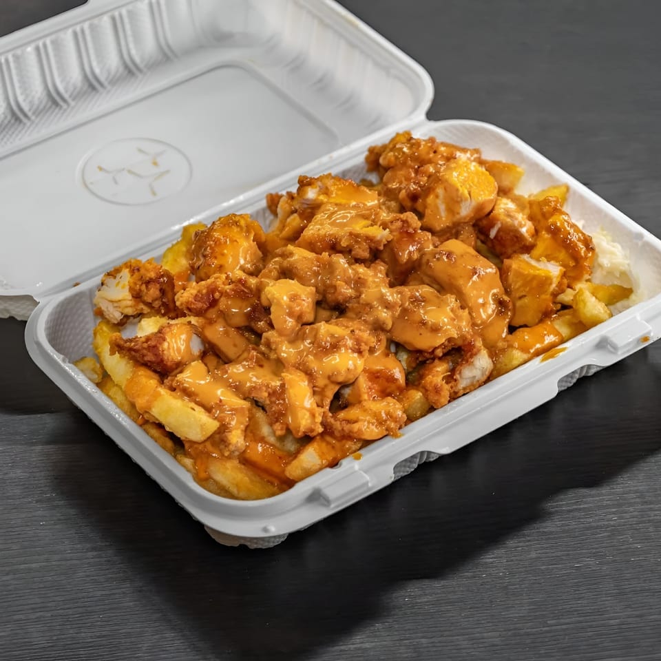 804 Halal Platters' chicken and fries, generously covered in a creamy orange sauce, in a white takeout container.