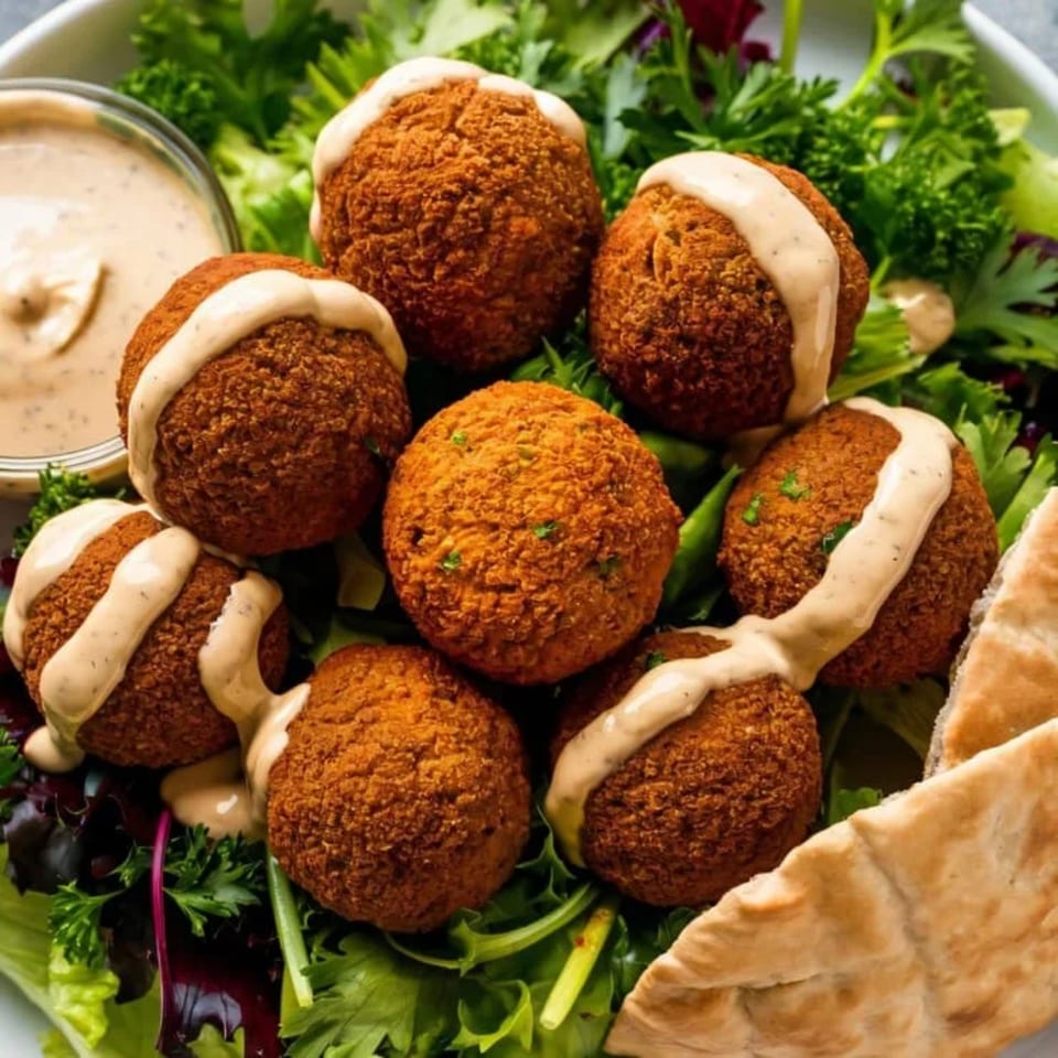 Crispy falafel balls drizzled with sauce, served on a bed of fresh greens with pita bread.