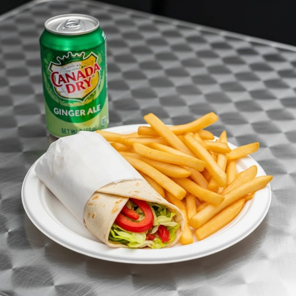 Halal chicken wrap with lettuce and red peppers, golden fries, and a Canada Dry ginger ale.